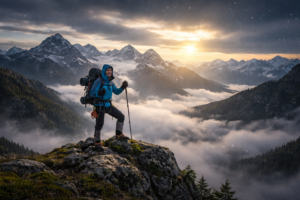 "Infografis sistem layering pakaian hiking yang menampilkan tiga lapisan utama: base layer untuk keringat, mid-layer untuk kehangatan, dan outerwear waterproof dari Carumby Adventure